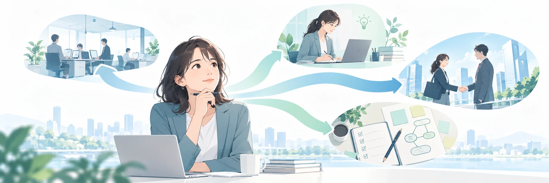 今の状況から、残る・学ぶ・転職する・まず整理するという複数の進路を考えるキャリアルートのイメージ