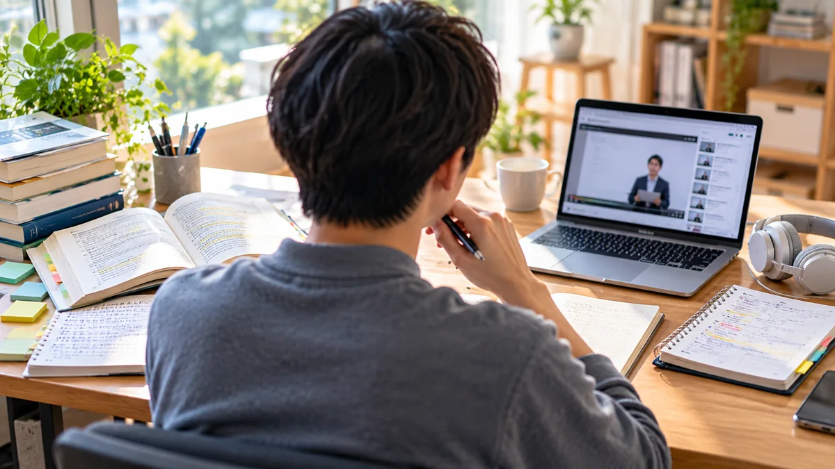 独学とオンライン講座を比較しながら資格学習する様子
